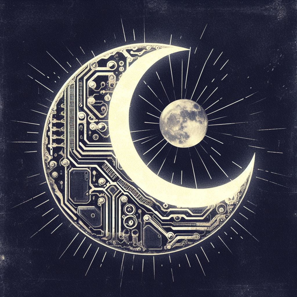 A moon resembling the image for the programming language 'Lua', in a mechanistic retropunk style